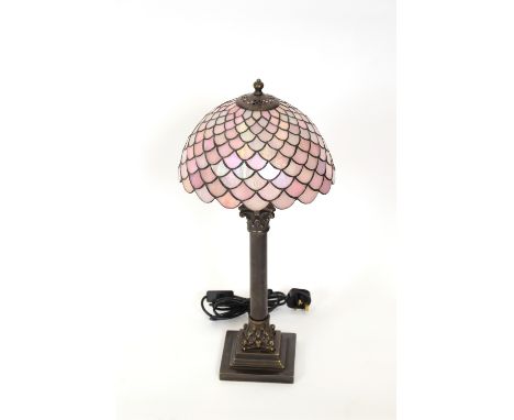A bronzed column table lamp, with Tiffany style Armadillo shade, 63cm high