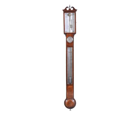 Ω A George III mahogany mercury stick barometer with hygrometer Wisker, York, circa 1800 The ebony banded case with swan-neck