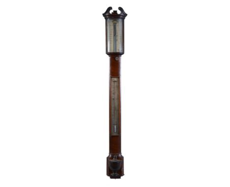 Ω A Regency mahogany bowfronted mercury stick barometer Henry Andrews, Royston, circa 1820 With curved swan-neck pediment and