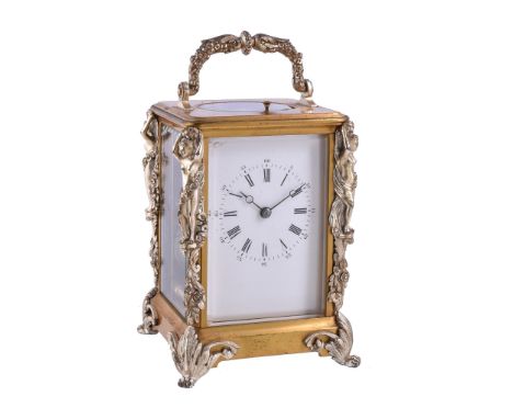 A French gilt and silvered brass carriage clock The movement possibly by Brunelot, late 19th century  The eight-day two trai