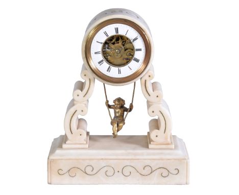  A French alabaster novelty 'swinging cherub' mantel clock Farcot, Paris, late 19th century  The eight-day bell striking move