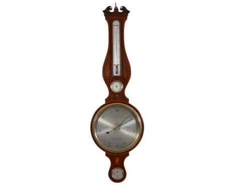  A fine George III inlaid mahogany mercury wheel barometer Bruner and Company, Manchester, circa 1800  With generous swan-nec