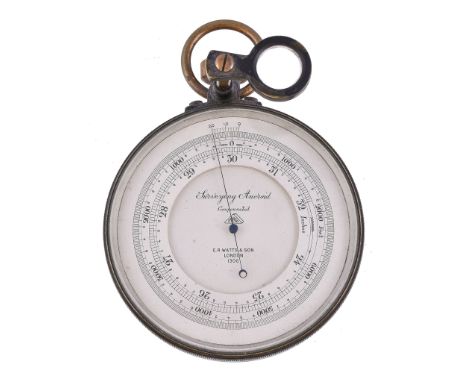  An oxidised brass cased aneroid pocket surveying barometer with altimeter scale  E.R. Watts and Son, London, circa 1920  The