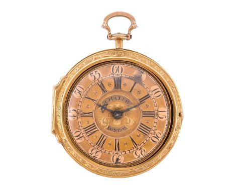  A George II gold pair-cased pocket watch with champleve dial and repousse outer case James Chater, London, circa 1739; the o