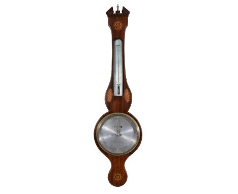  A Regency inlaid mahogany mercury wheel barometer A. Rivolta, early 19th century  With open triangular pediment and marquetr