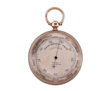 An Edwardian 15ct gold cased aneroid pocket barometer with altimeter scale Ross, London, 1907 The 1.75 inch circular silvered