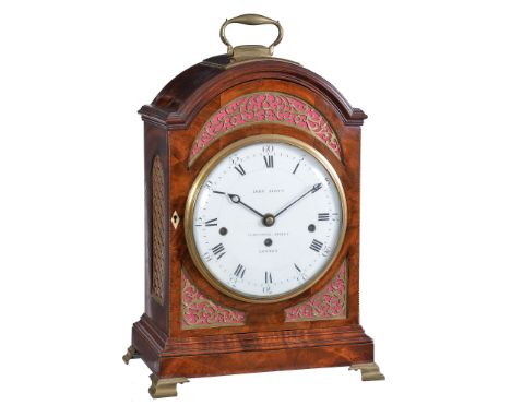  A fine George III brass mounted figured mahogany quarter chiming table clock with fired enamel dial John Scott, London, circ