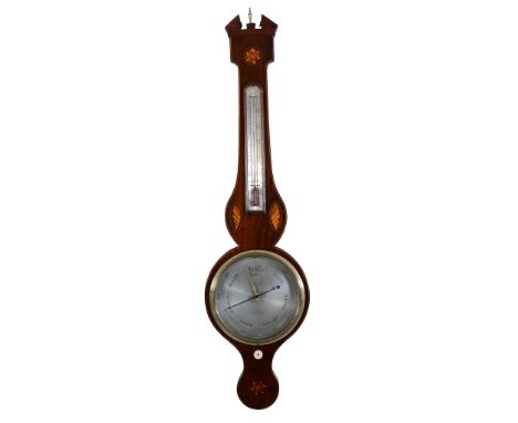  A Regency inlaid mahogany mercury wheel barometer Thomas Foster, Tiverton, early 19th century  With open triangular pediment