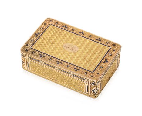 oblong, the hinged cover engine-turned centring engraved initials, the border with engraved and blue enamel heightened foliag