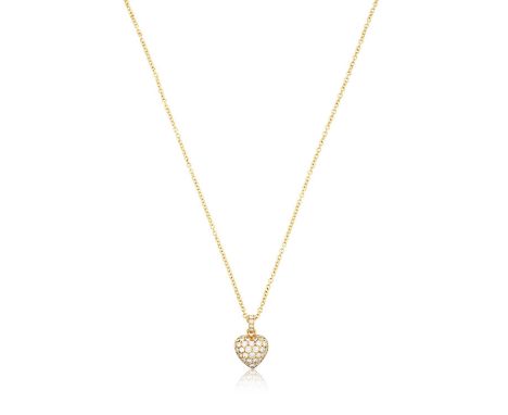 the heart motif set throughout with round brilliant cut diamonds, in yellow pavé settings, suspended from a similar set bale,