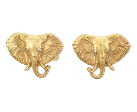 realistically modelled as elephants, composed of textured yellow plaques with round brilliant cut diamond set eyes, total est