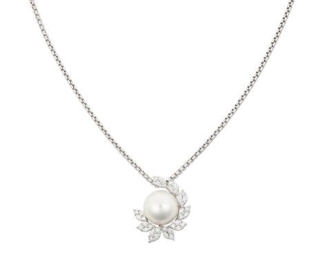 the South Sea pearl within a spray border of nine marquise shaped clusters formed of marquise and princess cut diamonds, in w