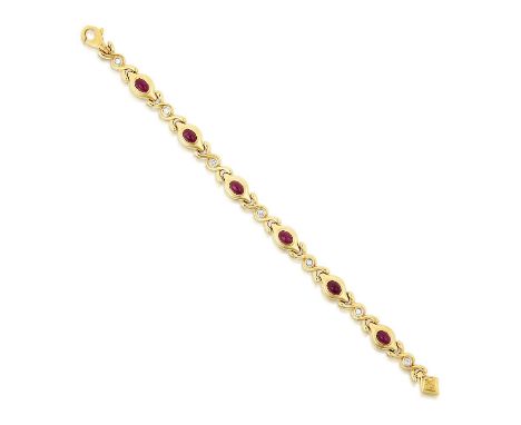 six yellow lozenge-shaped plaques inset with an oval cabochon ruby alternate with seven cross motif links with a round brilli