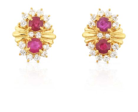 pairs of round cut rubies within borders of round brilliant cut diamonds, in yellow claw settings, spaced by a groove motif, 