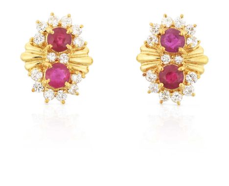 pairs of round cut rubies within borders of round brilliant cut diamonds, in yellow claw settings, spaced by a groove motif, 