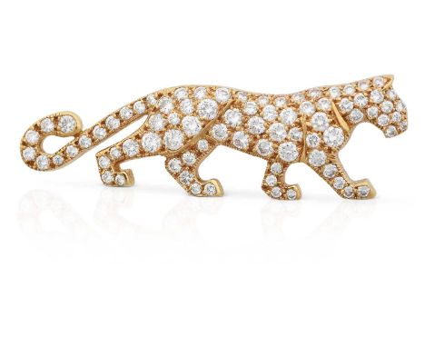 realistically modelled as a stalking panther, set throughout with round brilliant cut diamonds, in yellow pavé settings, tota