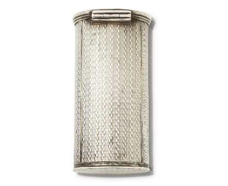 oval tubular, the hinged front opening to reveal the metal grater, the top with a further hinged cover, overall engine-turned