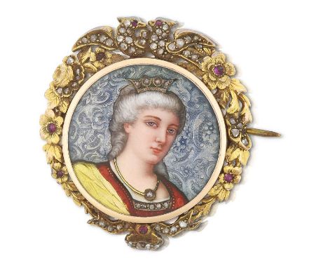 the circular enamel miniature depicting a maiden with rose cut diamond detailing, in a yellow rubbed over frame, to a foliate