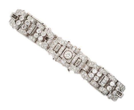 of geometric design, set throughout with round brilliant, baguette and eight-cut diamonds, in white claw and rubbed over sett
