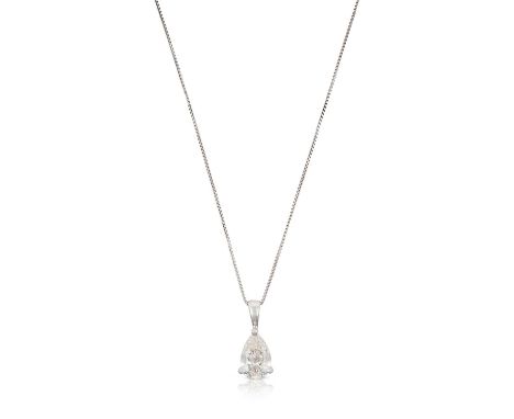 the pear shaped diamond in a white claw setting, suspended from a plain polished bale, on a box link chainpendant length 1.5c