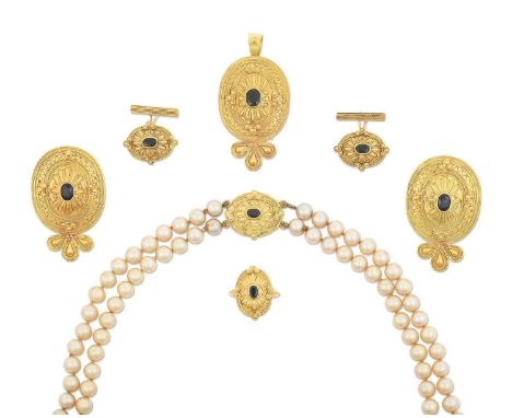 comprising of a brooch/pendant, earrings, necklace, ring and cufflinks, the central oval cut synthetic sapphire in a yellow r