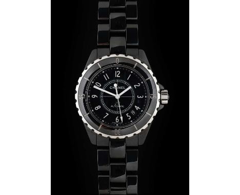 A Lady's Black Ceramic Automatic Calendar Centre Seconds Wristwatch, signed Chanel, model: J12 Black Ceramic, ref: J12, circa