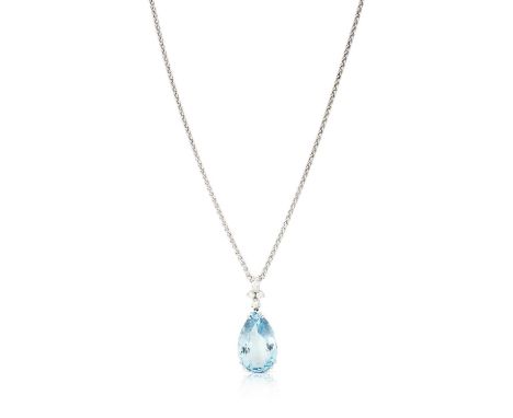the pear cut aquamarine surmounted by a marquise cut diamond and a trio of round brilliant cut diamonds, in white claw settin