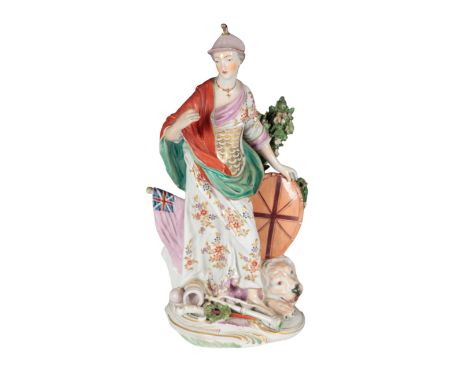 A RARE 18TH CENTURY DUESBURY &amp; CO DERBY PORCELAIN FIGURE - BRITTANIA with patch marked base, 36cm high