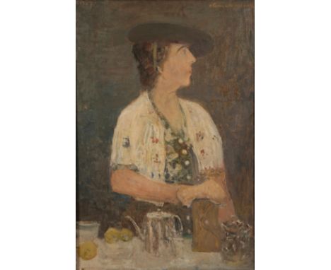 DAVID FORRESTER WILSON (1873-1950) A portrait of a woman half-length, depicted standing behind a table, her head turned away,