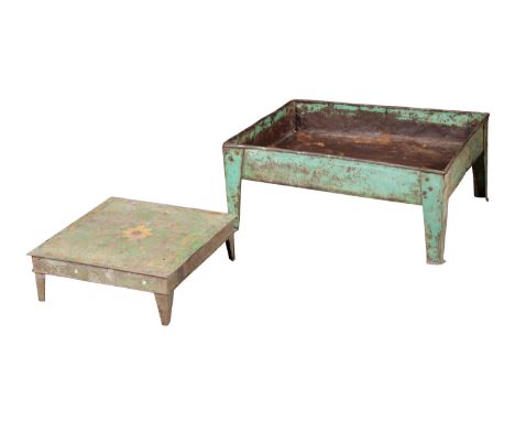 A WROUGHT-IRON AND PAINTED TROUGH OR PLANTER on tapered legs, 35cm high x 82cm wide x 62cm deep, together with a hand-painted