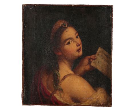 18TH CENTURY ENGLISH SCHOOL, PORTRAIT OF A SINGER wearing gem set head dress and with musical score in hand, re-backed canvas