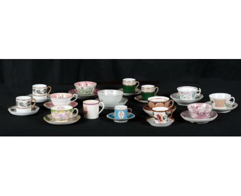 AN EARLY 19TH CENTURY DAVENPORT PUCE TRANSFER PRINTED POTTERY 'BEEHIVE' TEABOWL AND SAUCER together with thirteen other 18th 