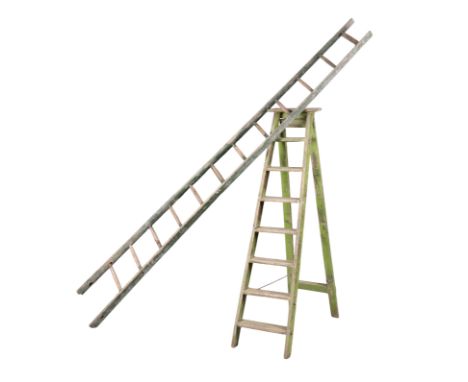 A VINTAGE GREEN-PAINTED STEP LADDER 20th century, 177cm high (closed), together with another vintage green-painted ladder, 29
