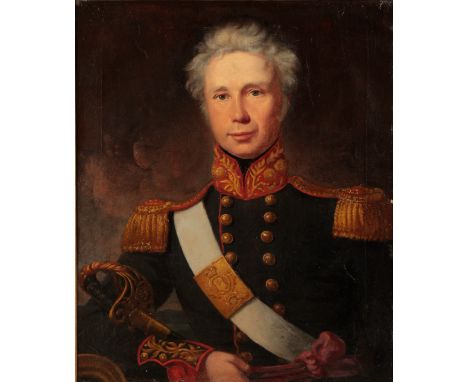 A 19TH CENTURY PORTRAIT OF A NAVAL OFFICER depicted half-length in dress uniform, his sword resting on his arm, oil on canvas