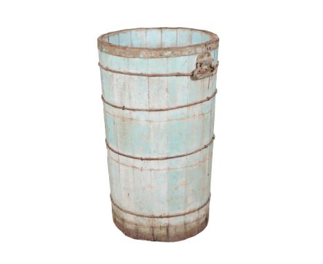A BLUE-PAINTED COOPERED BARREL BIN early 20th century, with metal mounts and handles, 74cm high x 45cm wideProvenance: The Ri