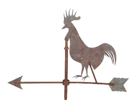 A CAST IRON AND COPPER WEATHER VANE&nbsp;20th century, in the form of a cockerel, above a cast and wrought iron base, with No