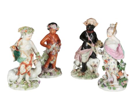 A RARE SET OF FOUR 18TH CENTURY DUESBURY & CO DERBY PORCELAIN FIGURES - THE FOUR QUARTERS the largest 26cm high, the smallest