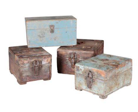 THREE VINTAGE PAINTED TRAVEL BOXES all with hinged lids opening to mirrored interiors, the largest 11cm high x 15cm wide x 19