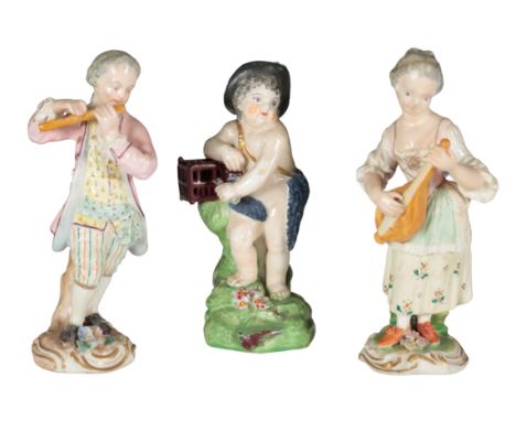 A PAIR OF 18TH CENTURY DUESBURY &amp; CO DERBY PORCELAIN MINIATURE FIGURES - MUSICIANS the gentleman playing a piccolo, the l