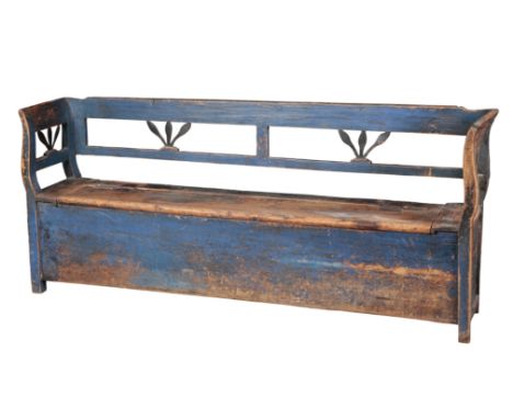 A SCANDINAVIAN BLUE-PAINTED HALL BENCH 20th century, the hinged seat opening to a divided interior, 90cm high x 211cm wide x 