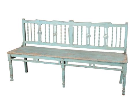 AN AESTHETIC STYLE BLUE-PAINTED HALL BENCH early 20th century, with shaped cresting rail over pierced and turned spindle back