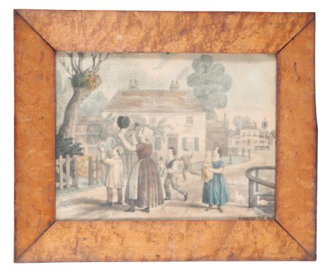 EARLY 19TH CENTURY SCHOOL, 'RINGING THE BEES' coloured mezzotint, 20cm x 27cm, in bevelled bird's eye maple frame and glazedP