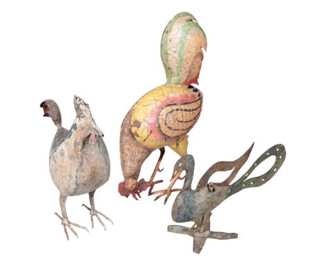 TWO PAINTED METAL CHICKENS including a cockerel depicted eating corn, 47cm high, the other cast looking forward, 36cm high, t