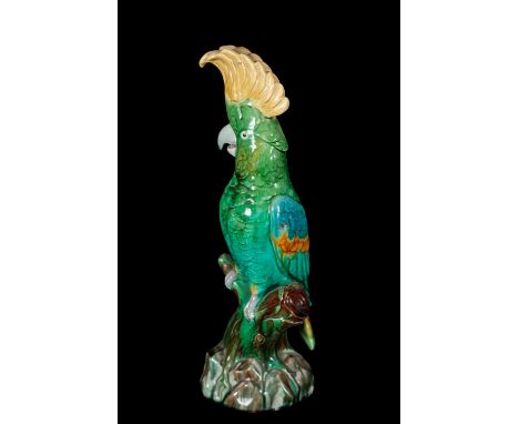 A MINTON MAJOLICA PARROT stamped to the base, and inscribed 1847, 36cm high Provenance: The Richard Pratley Collection of Eng