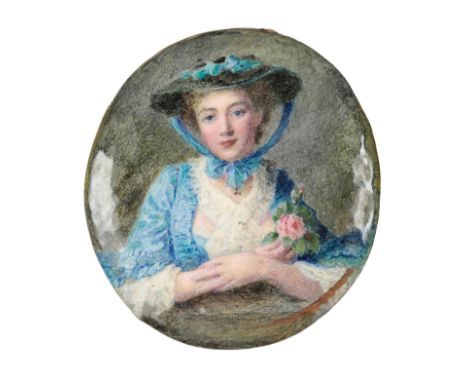 AN EARLY 20TH CENTURY ENAMEL CONVEX OVAL PLAQUE decorated with a portrait of a lady wearing bonnet and holding a pink rose, 1