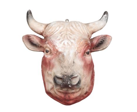 A VINTAGE FIBREGLASS BUTCHER'S ADVERTISING SIGN 20th century, modelled as a wall-mounted bull's head, 65cm high x 62cm wide x