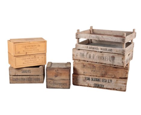 A GROUP OF NINE VINTAGE CRATES including two Glenmorangie Single Malt crates, 21cm high, a Schweppes case, with a hinged lid 