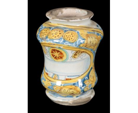 AN ITALIAN MAIOLICA ALBARELLO probably 19th Century, decorated in blue and yellow with triumphal regalia and vacant cartouche