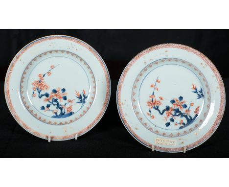 PAIR OF CHINESE KANGXI PORCELAIN PLATES early 18th Century, decorated in underglaze blue and overglaze red and gilt with tree