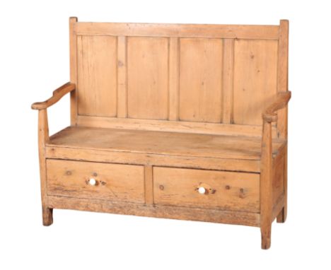 A PINE HALL SETTLE 19th century, the panelled back over a square seat, with two drawers beneath, 109cm high x 130cm wide x50c